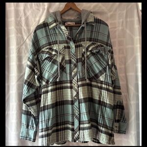 Arizona Jean Co. Flannel Shirt/Jacket With Hood Teal/Black/Brown Women’s Sz M
